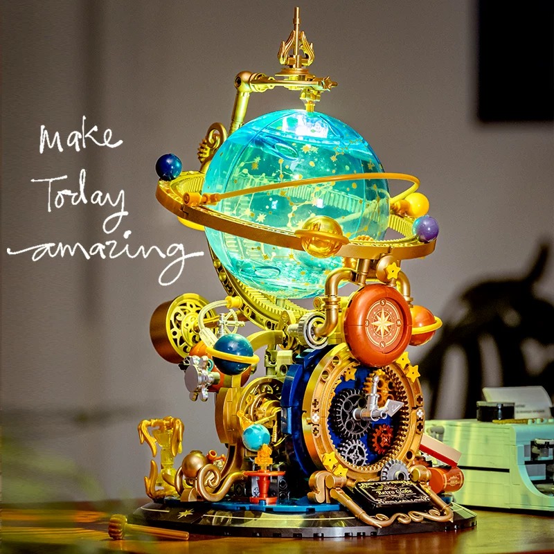 Solar System Orrery - Retro roterende aardbolmodel bouwblokken, te assembleren,